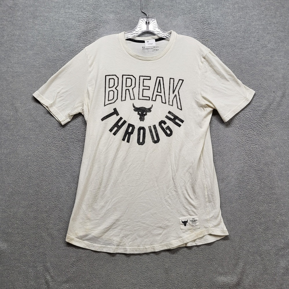 Under Armour Men Shirt L White Break‎ Through Heatgear Activewear Logo Short
